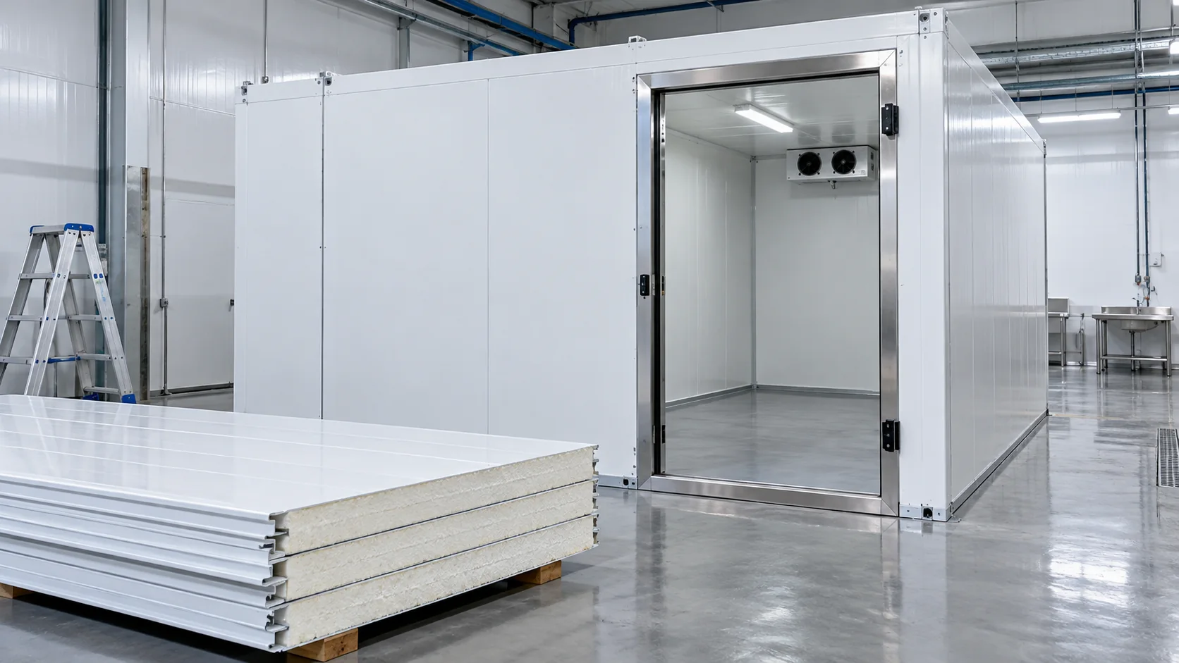 Perakitan ruang cold storage dengan panel insulasi dan rangka pintu stainless steel