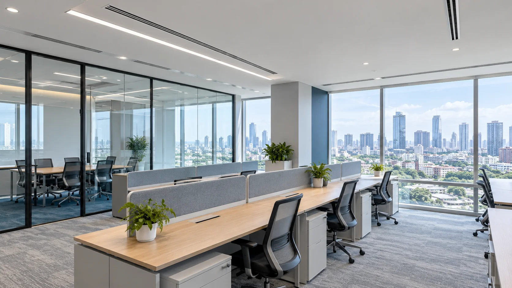 Interior kantor terbuka dengan diffuser AC linear yang menyatu pada plafon