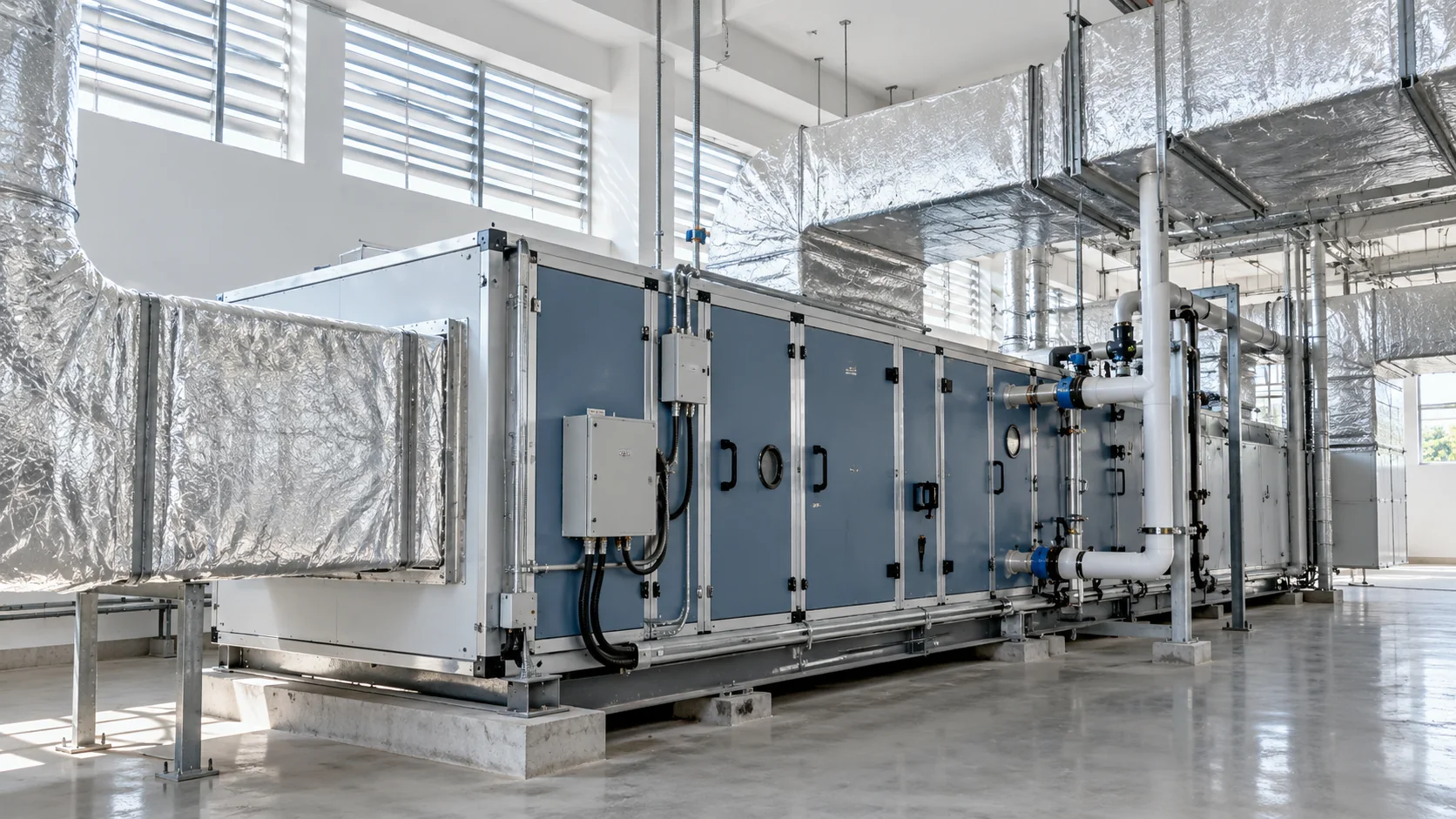 Air handling unit dan ducting HVAC di ruang mekanikal modern