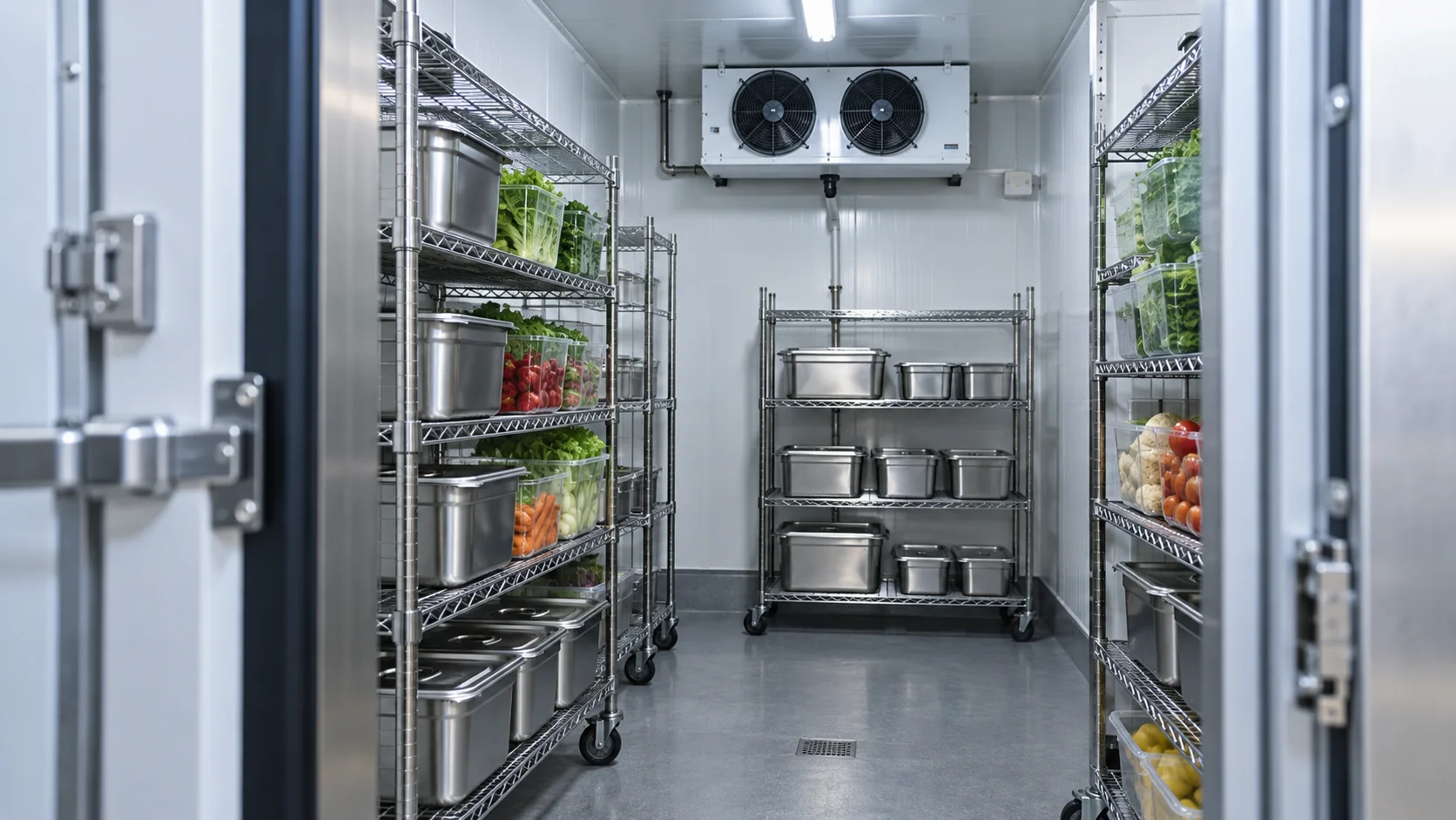 Konsep ruang chiller bahan makanan dengan rak dan wadah dapur sentral